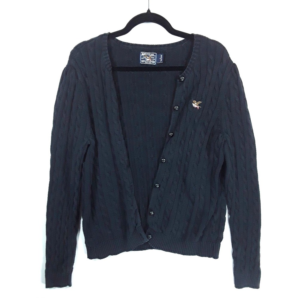 Black Cable Knit Cardigan Sweater L Preppy Eagle Old Money Grandpacore Americana